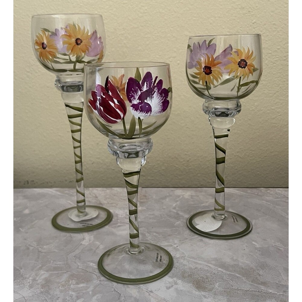 Terra Hand-Painted Mini Floral Hurricanes or Wine Glasses Set Of 3 Candle Holder - Picture 4 of 10